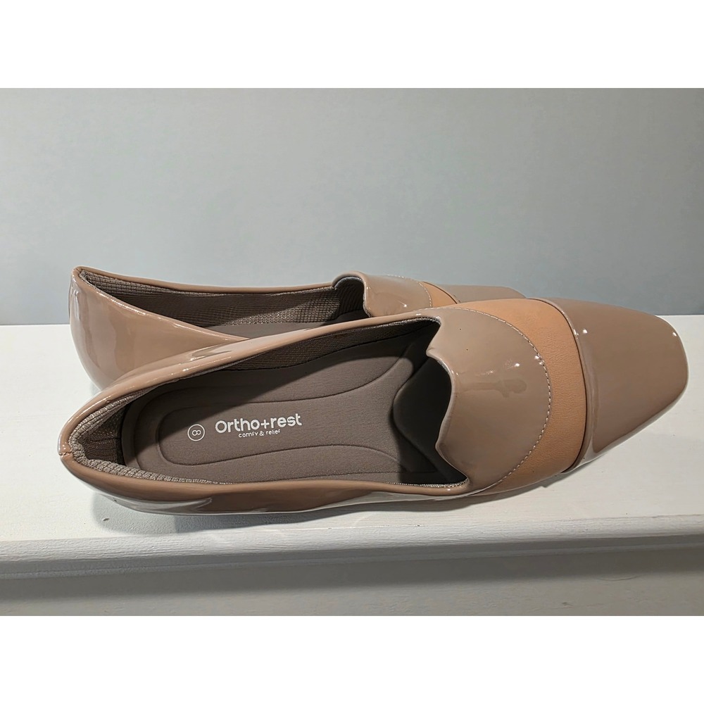 Womens sz 8 NWOT Ortho+Rest Tan Beige Patent Square Toe Loafers Gold Heel Accent - Picture 4 of 11
